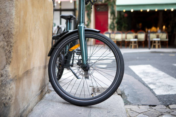 Close-up of wide urban tyres on a commuter bicycle