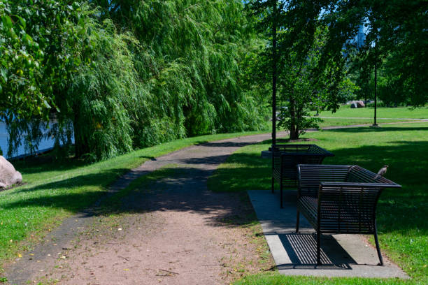 Shaded walking trail through Brekkeparken in Skien
